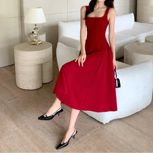 Women's A-Line Midi Dress – Vintage Square Collar, Sleeveless Party Dress