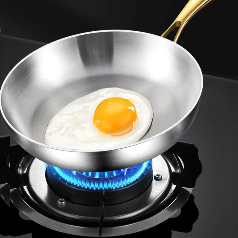 Stainless steel frying pan with a fried egg on a gas stove