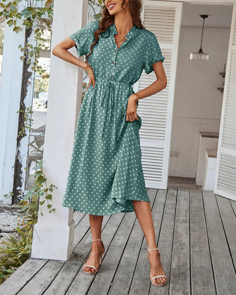 Polka Dot Print Button-Up Midi Shirt Dress – Summer Loose Boho Women Beach Dress