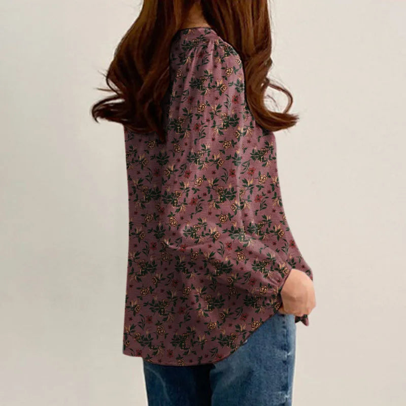 Floral Cotton Blouse – Bohemian Long Sleeve O-Neck Casual Shirt