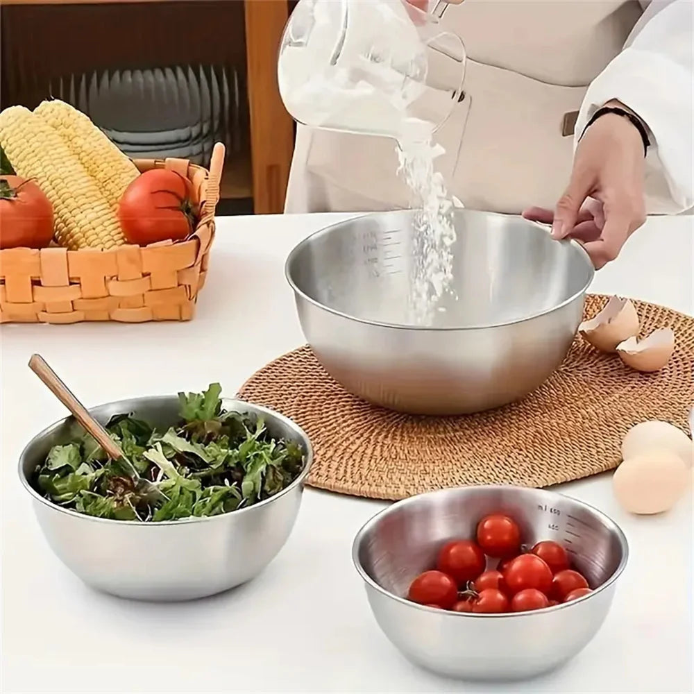3pcs Stainless Steel Mixing Bowl Set with Measuring Scale – Non-Slip, Durable