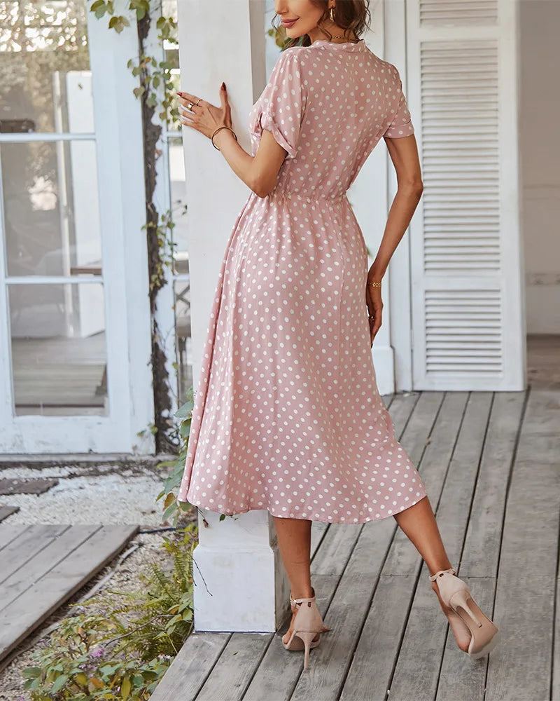 Ladies Polka Dot Print Shirt Dress – Casual Summer Midi Sundress