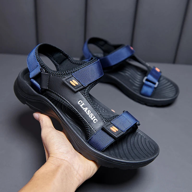 Men’s Summer Outdoor Sandals – Classic PU Beach Shoes with Hook & Loop Closure