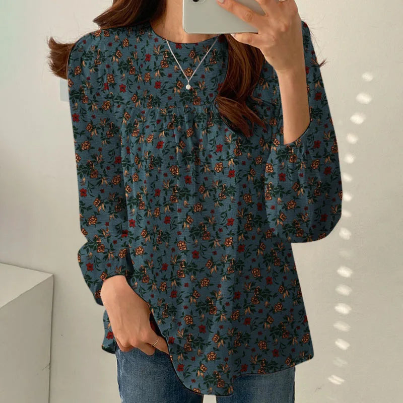 Floral Cotton Blouse – Bohemian Long Sleeve O-Neck Casual Shirt
