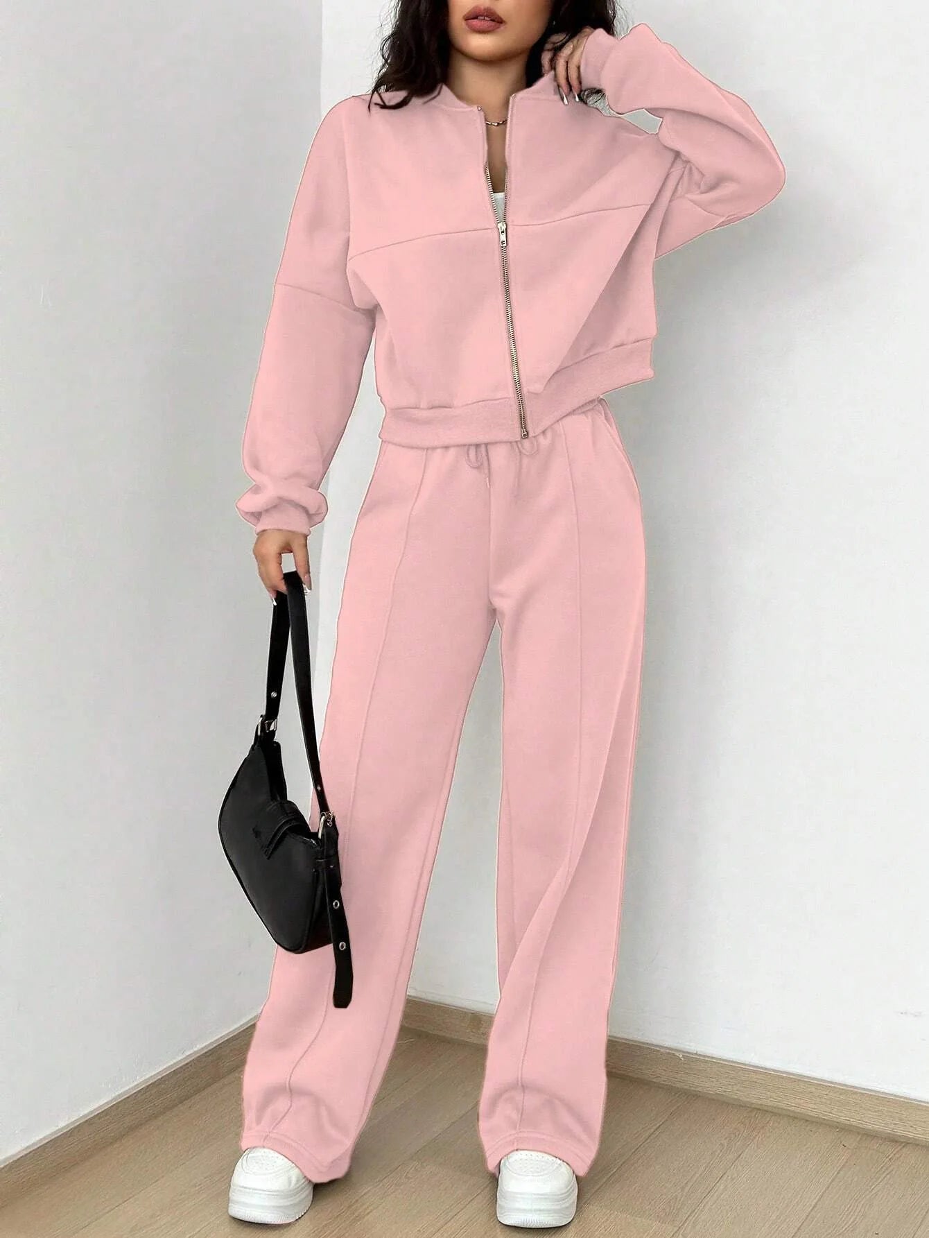 Women’s Casual Matching Tracksuit Set – Zipper Cardigan & Wide-Leg Drawstring Pants