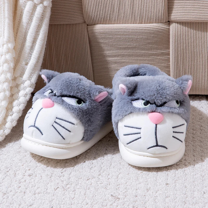 Women's Cat Plush Winter Slippers Indoor Furry House Shoes with Embroidered Face