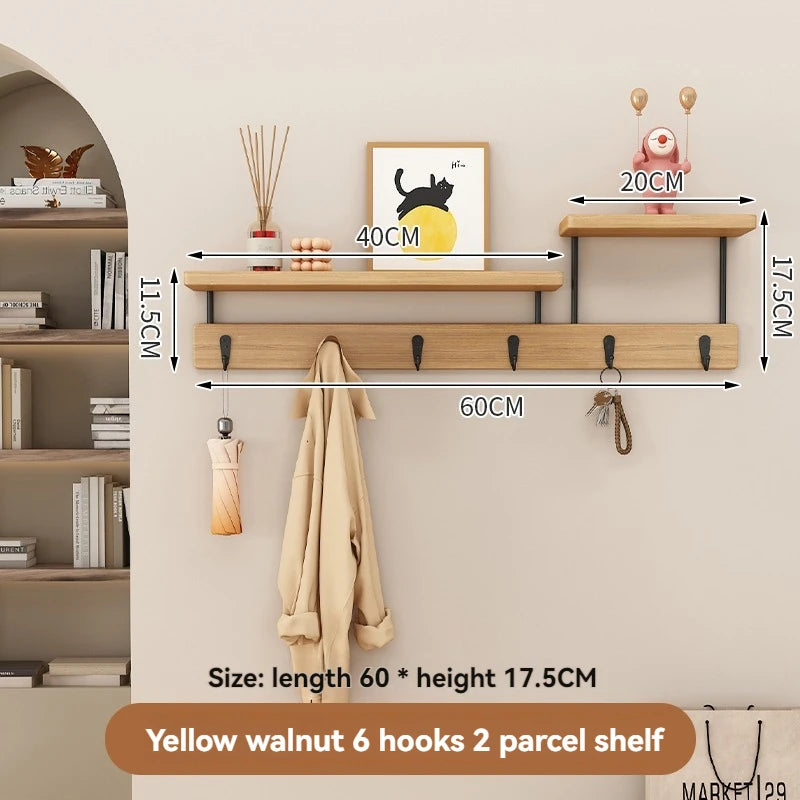 Solid Wood Wall-Mounted Coat Rack with Shelf – No Drill Entryway Storage