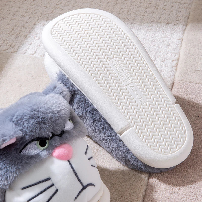 Women's Cat Plush Winter Slippers Indoor Furry House Shoes with Embroidered Face