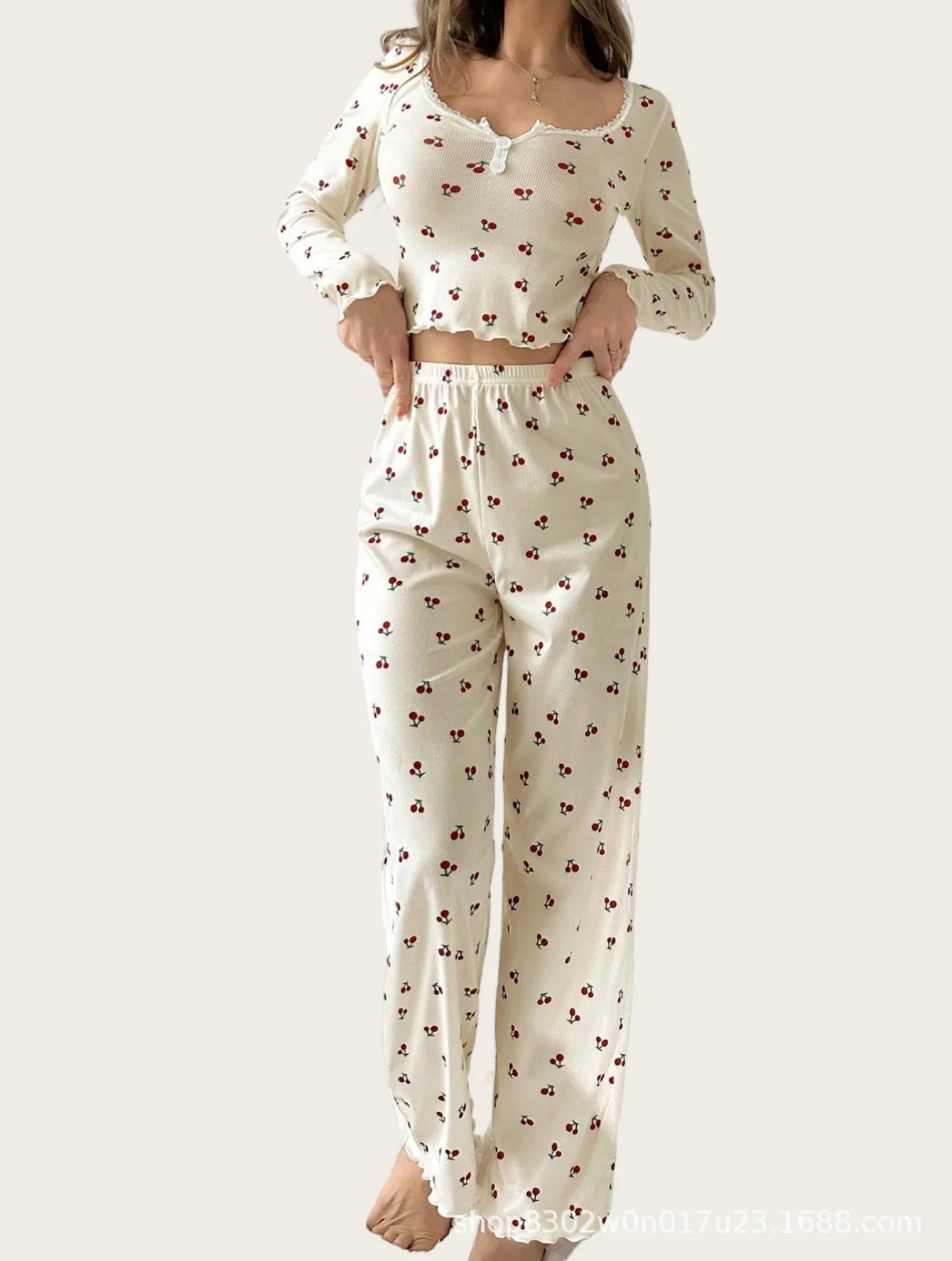 Sweet Cherry Print Sleepwear Set – Long Sleeve Milk Silk Comfort 2-Piece Pyjama Set