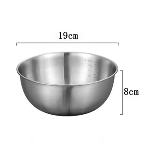 Stainless steel mixing bowl with dimensions on a white background