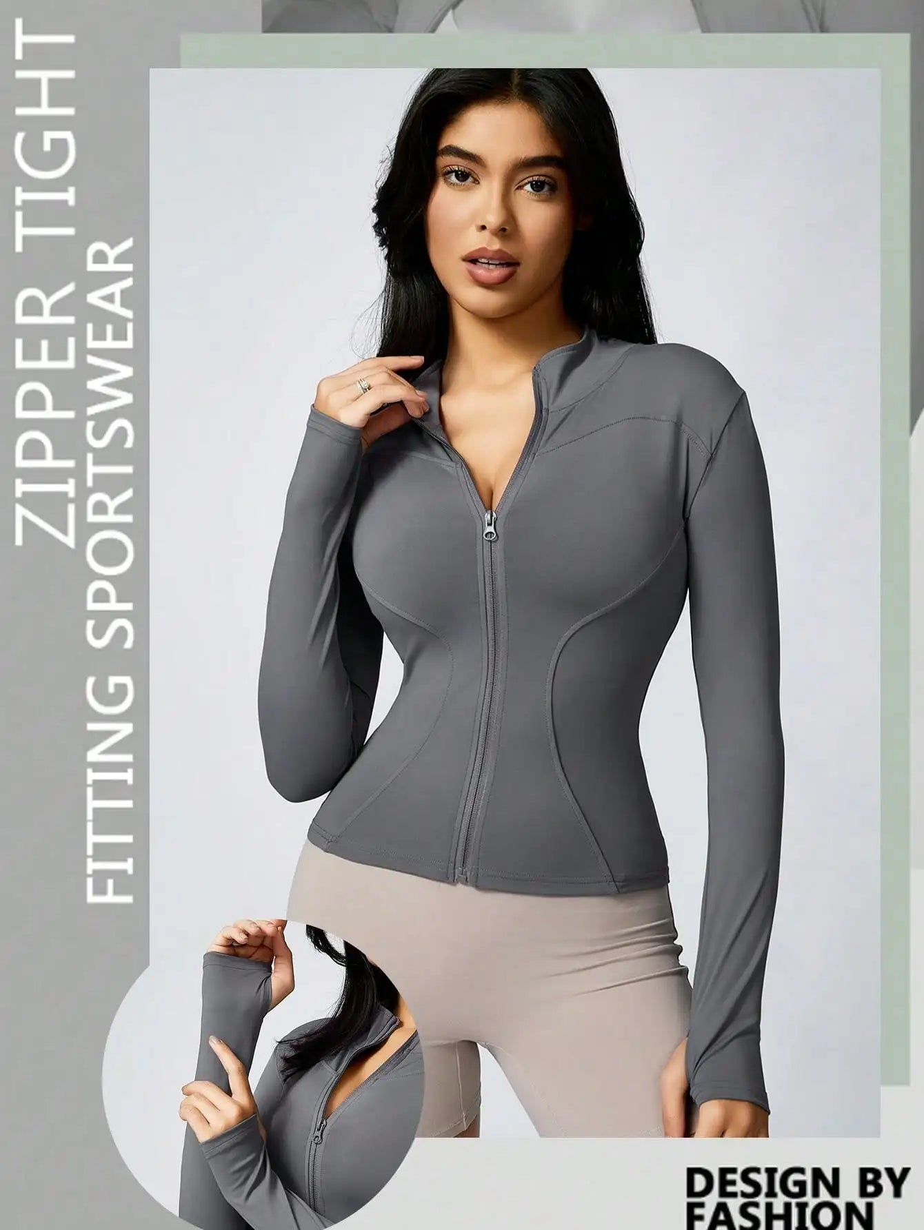 Women’s Zip-Up Sports Jacket – Slim Fit Turtleneck Long Sleeve Activewear Top