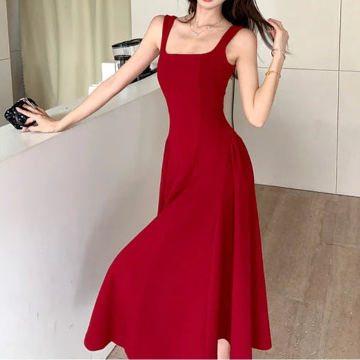Women's A-Line Midi Dress – Vintage Square Collar, Sleeveless Party Dress