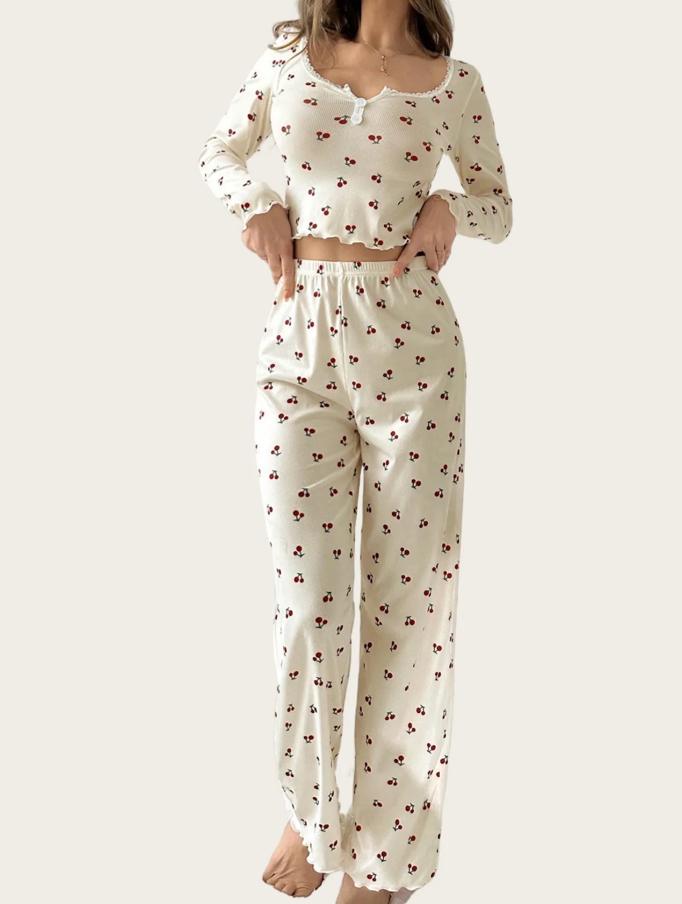 Sweet Cherry Print Sleepwear Set – Long Sleeve Milk Silk Comfort 2-Piece Pyjama Set