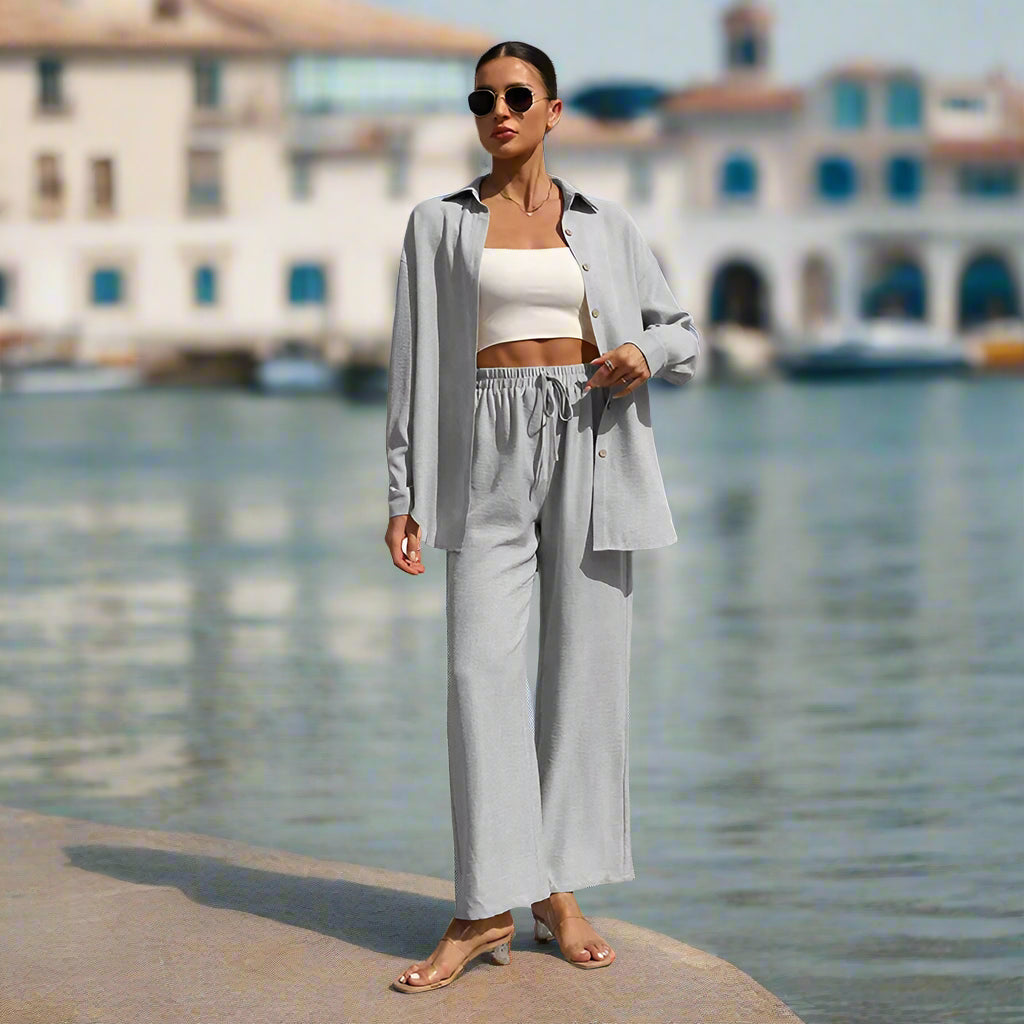 Women's 2-Piece Outfit – Lapel Shirt and Wide-Leg Trousers in a Modern Relaxed Fit