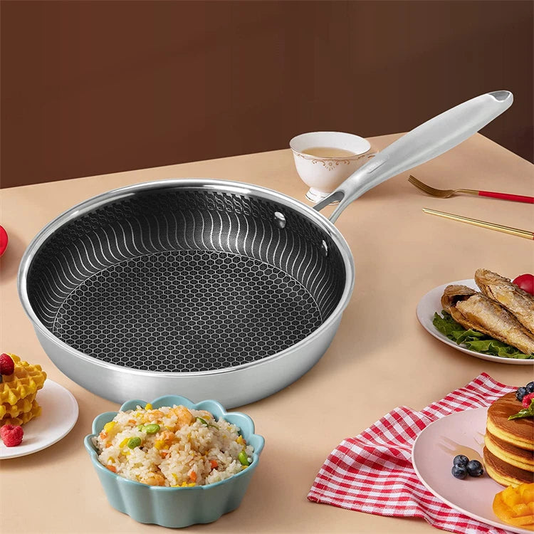 Stainless Steel Non-stick Honeycomb Frying Pan with Lid – Ceramic & Electric, induction