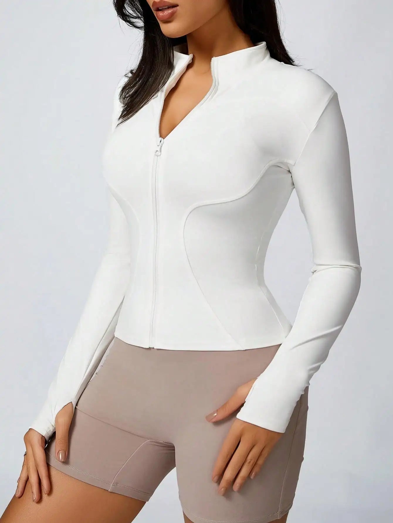 Women’s Zip-Up Sports Jacket – Slim Fit Turtleneck Long Sleeve Activewear Top