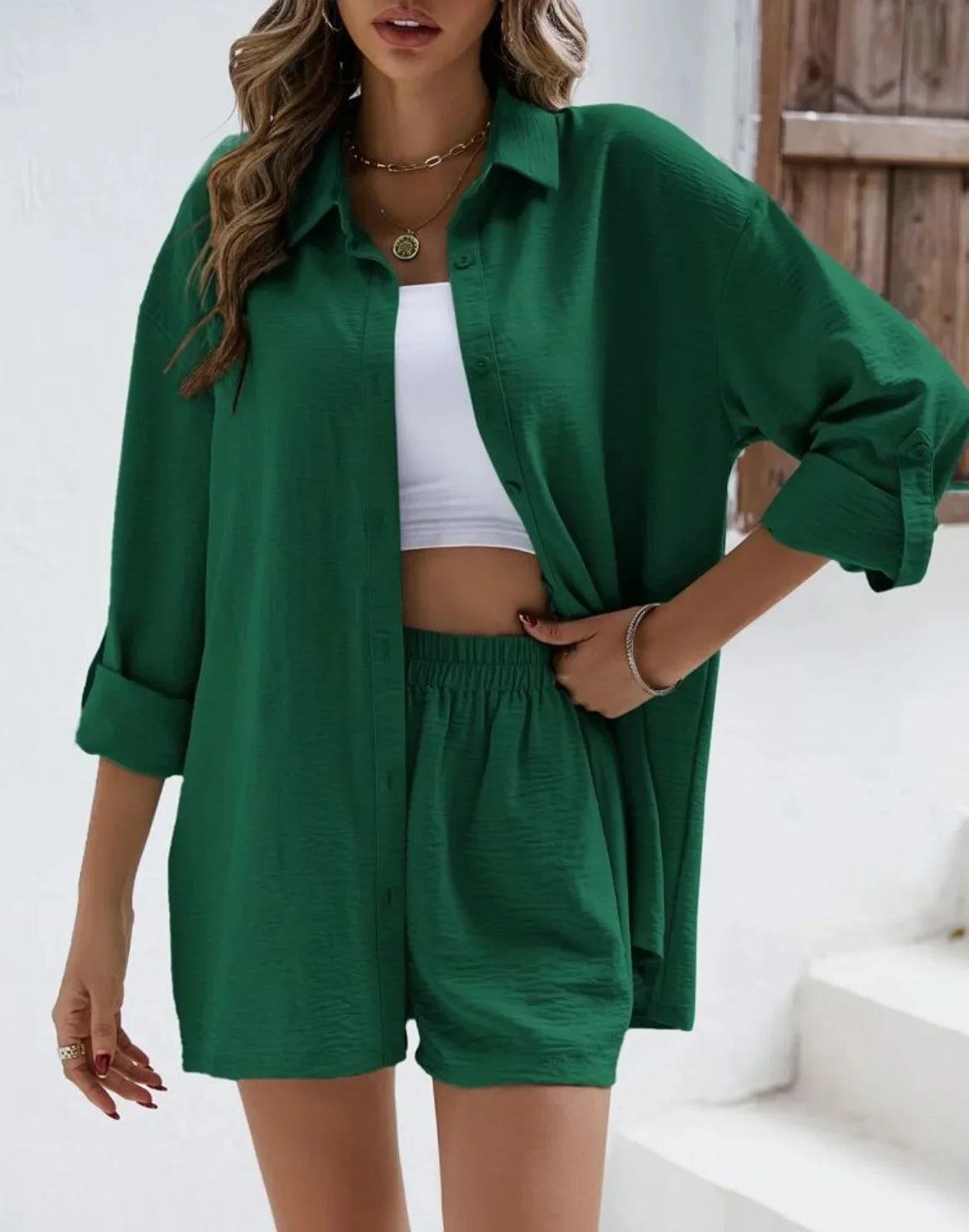 Spring Shirt and Shorts Set – Solid Colour Lapel Top with High-Waist Elastic Shorts