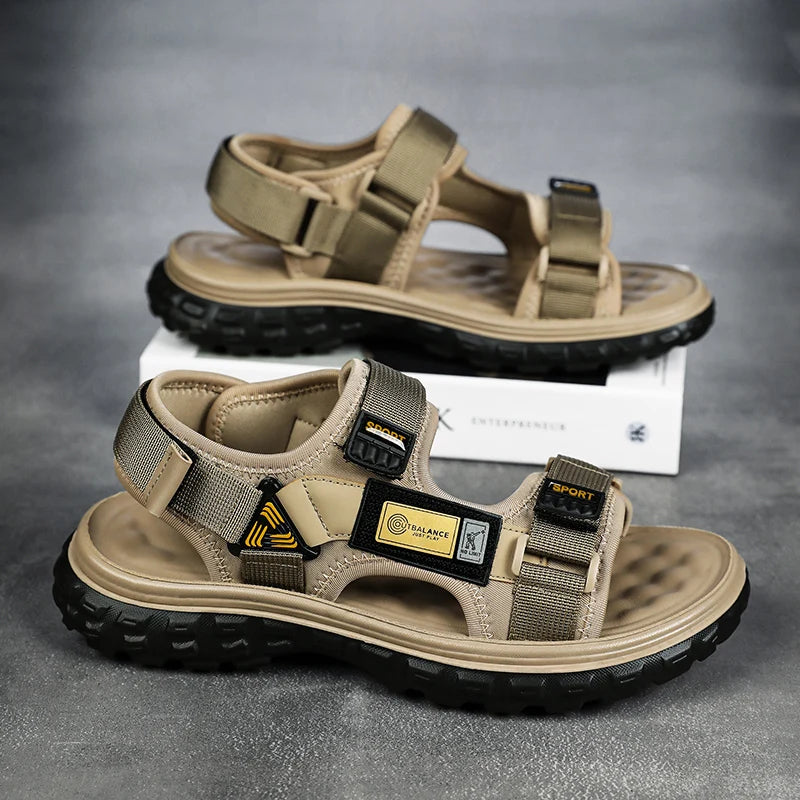 Men’s Outdoor Leather Sandals – Breathable Hiking Shoes with Elastic Strap