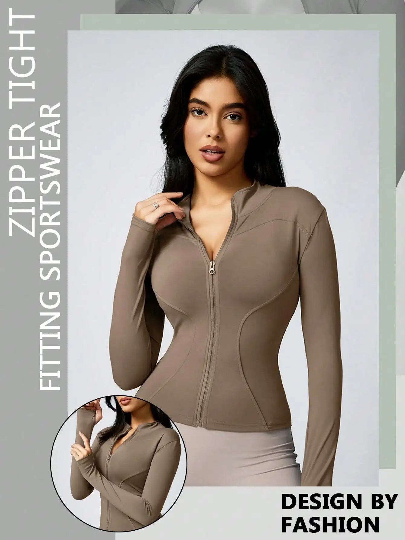 Women’s Zip-Up Sports Jacket – Slim Fit Turtleneck Long Sleeve Activewear Top