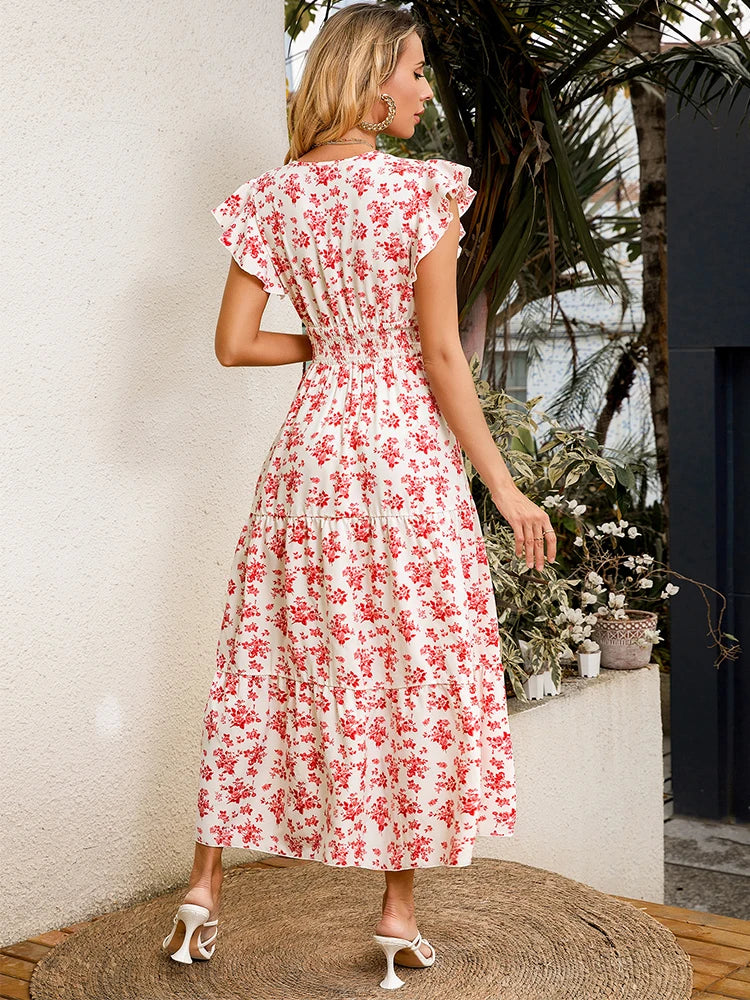 Women's Floral V-Neck Maxi Dress – Flounce Sleeve, Elastic Waist, Beach Holiday Style