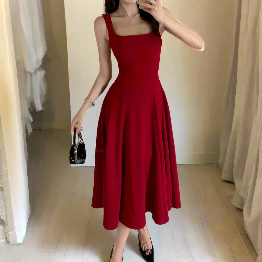 Women's A-Line Midi Dress – Vintage Square Collar, Sleeveless Party Dress