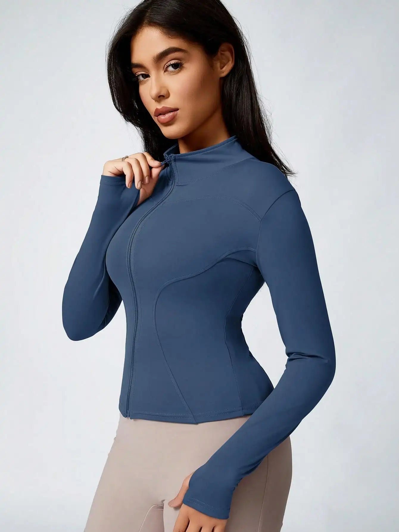 Women’s Zip-Up Sports Jacket – Slim Fit Turtleneck Long Sleeve Activewear Top