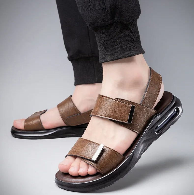 Men’s Summer Leather Sandals – Casual Beach Shoes with Hook & Loop Strap