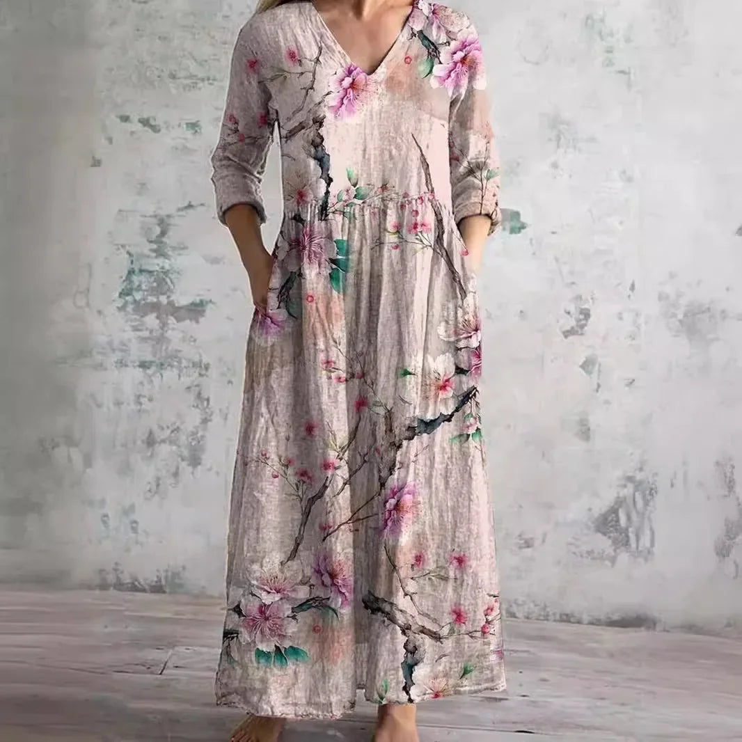 Women’s Casual Floral Print Midi Dress – Elegant Mid-Length V-Neck One-Piece
