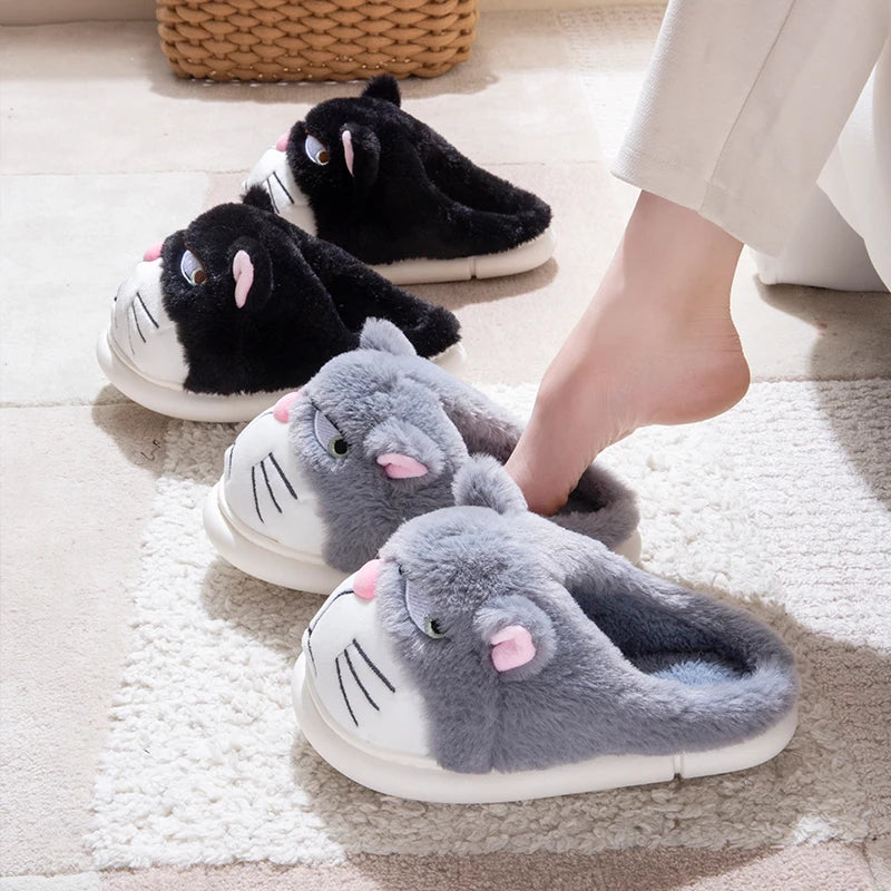 Women's Cat Plush Winter Slippers Indoor Furry House Shoes with Embroidered Face