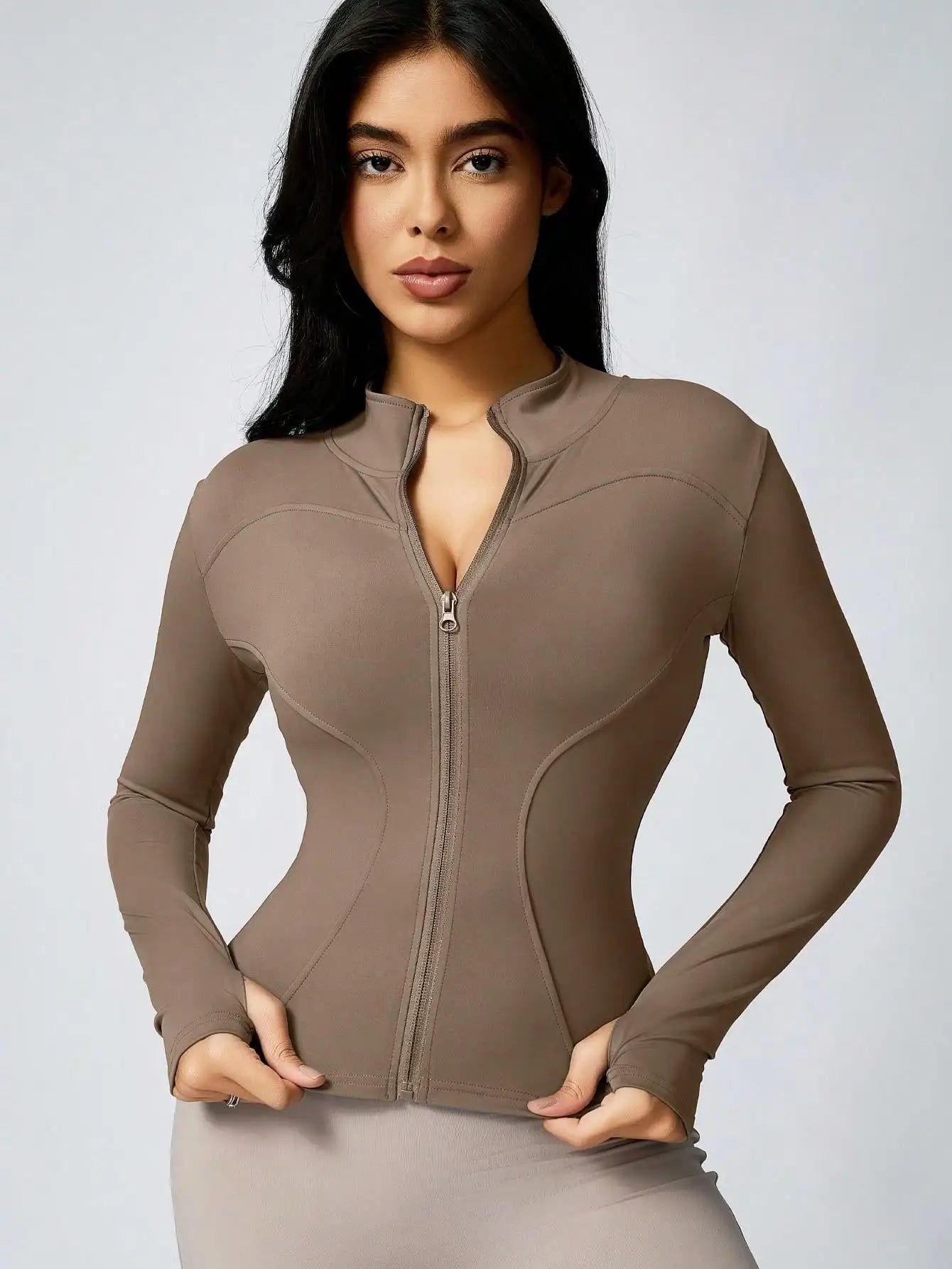 Women’s Zip-Up Sports Jacket – Slim Fit Turtleneck Long Sleeve Activewear Top