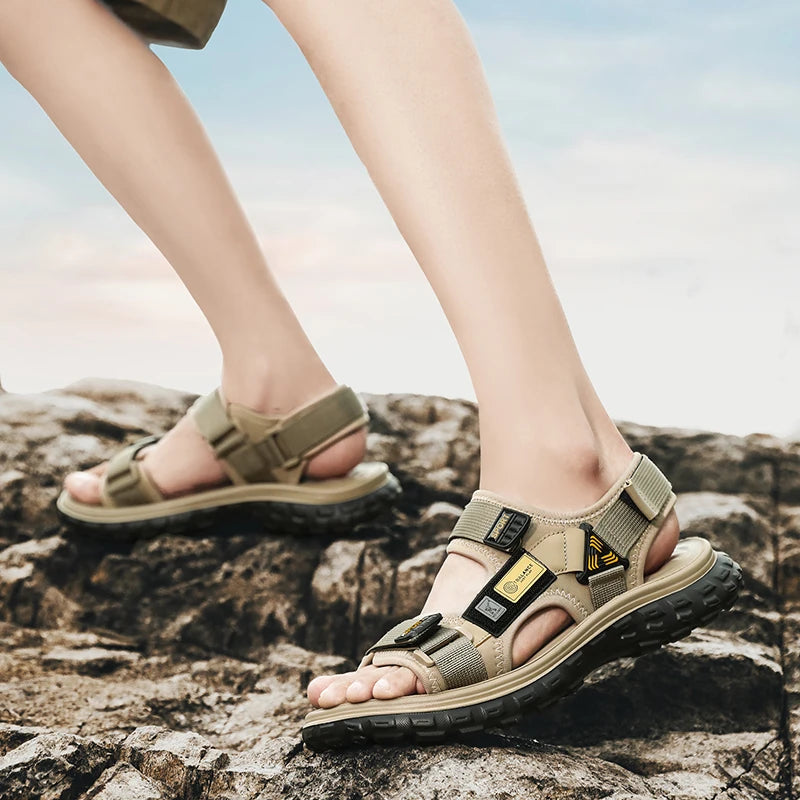 Men’s Outdoor Leather Sandals – Breathable Hiking Shoes with Elastic Strap