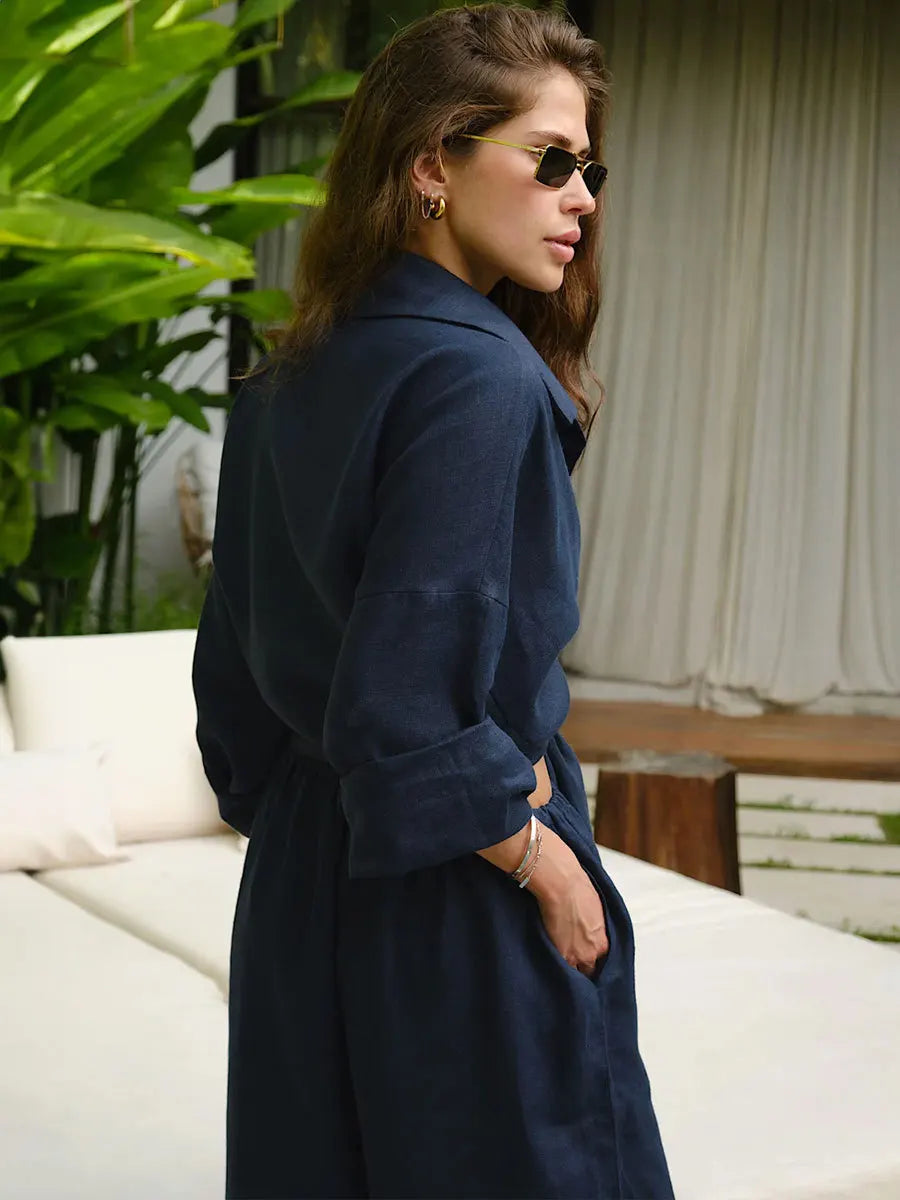 Women’s Cotton Shirt & Wide-Leg Pants Set – Casual Office Style for Spring/Summer