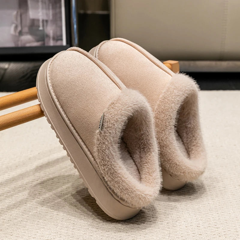 Winter Indoor Slippers Thick Sole Faux Suede Anti-Slip House Shoes Plush Lining