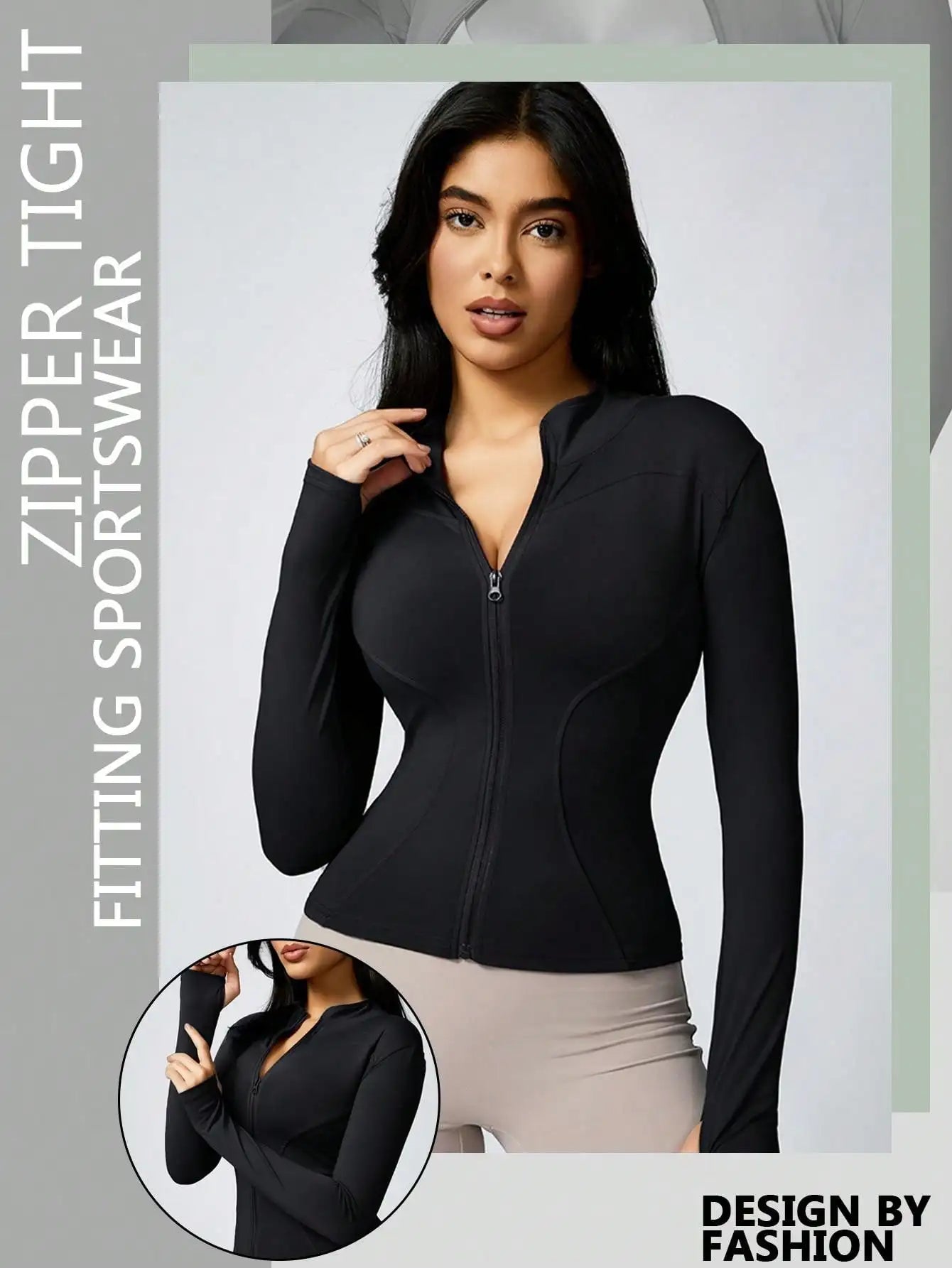 Women’s Zip-Up Sports Jacket – Slim Fit Turtleneck Long Sleeve Activewear Top
