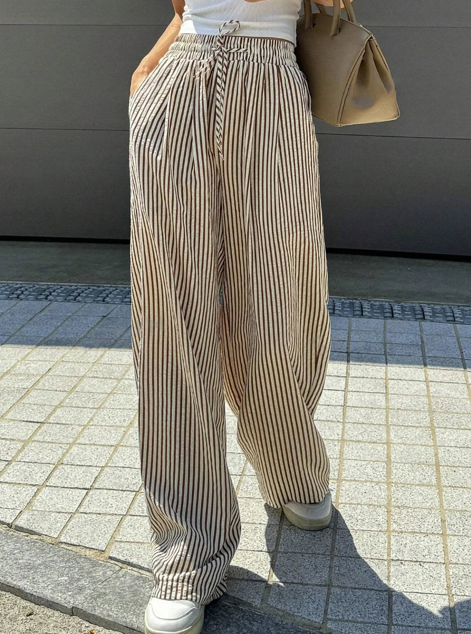 Striped Wide-Leg Pants – Casual Drawstring Jersey Trousers with Pockets for Women