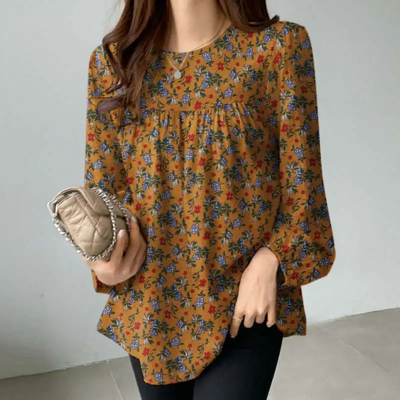Floral Cotton Blouse – Bohemian Long Sleeve O-Neck Casual Shirt