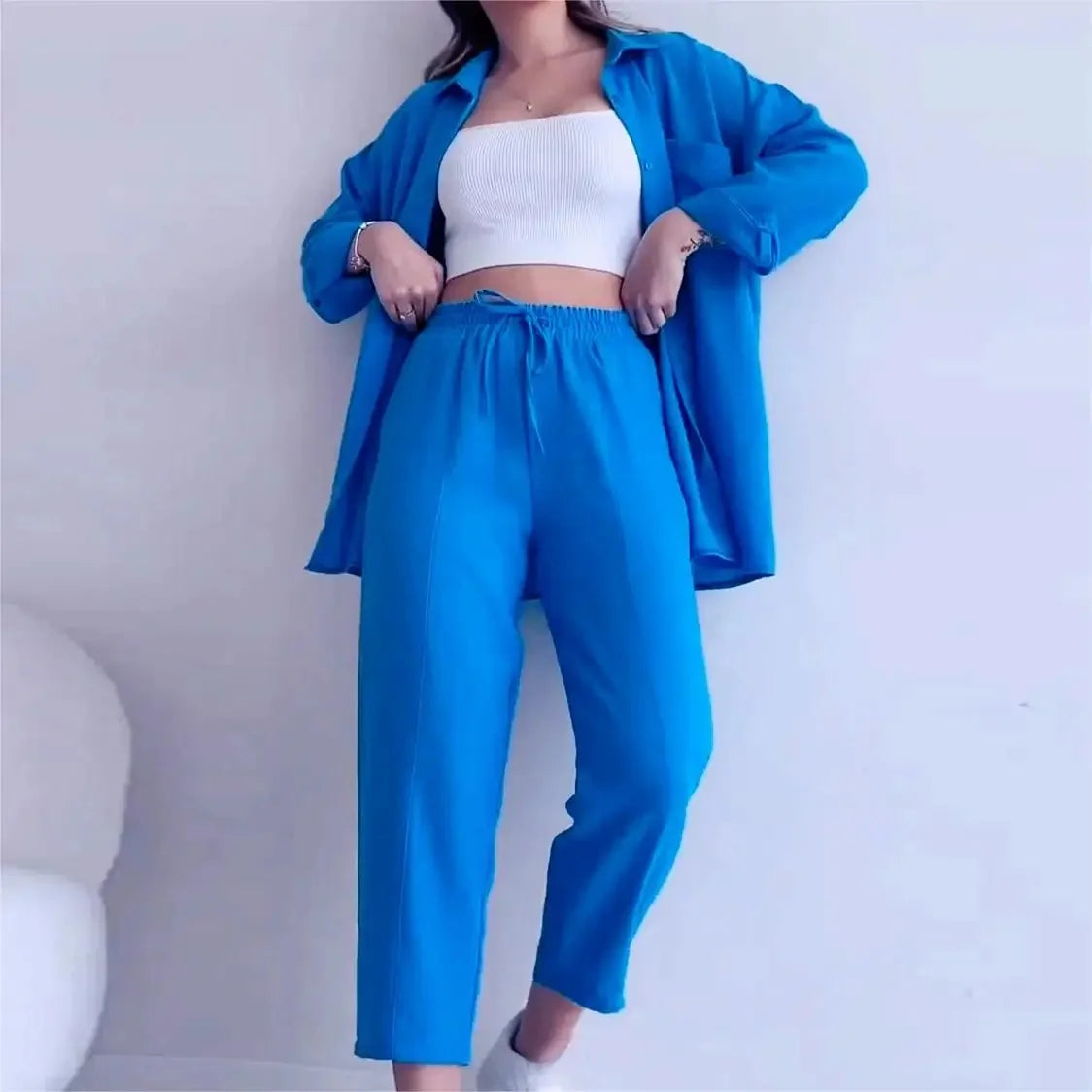 Summer Wrinkled Shirt & Wide-Leg Pants Set – High Waist Casual 2PCS Outfit