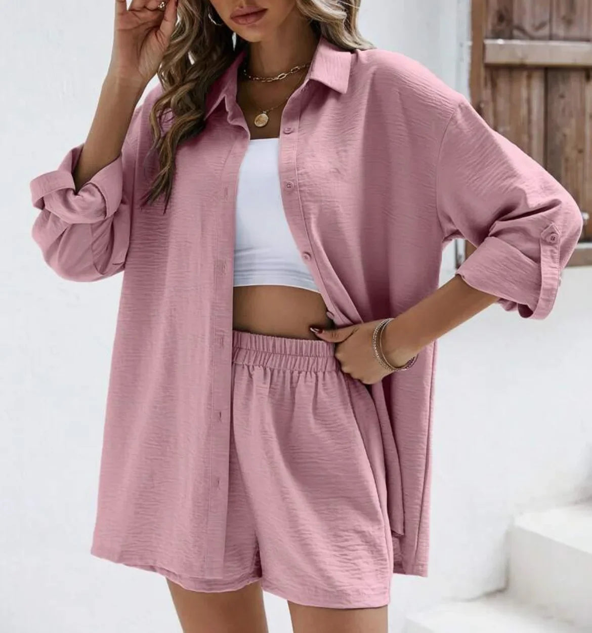 Spring Shirt and Shorts Set – Solid Colour Lapel Top with High-Waist Elastic Shorts