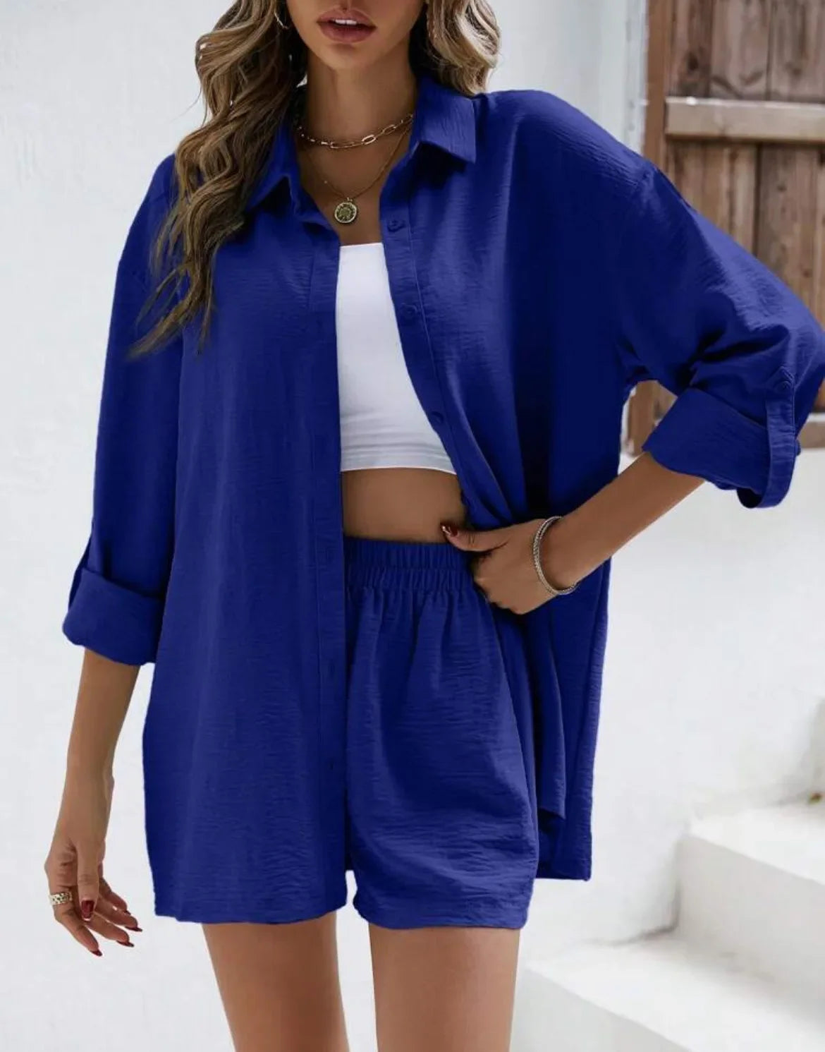 Spring Shirt and Shorts Set – Solid Colour Lapel Top with High-Waist Elastic Shorts