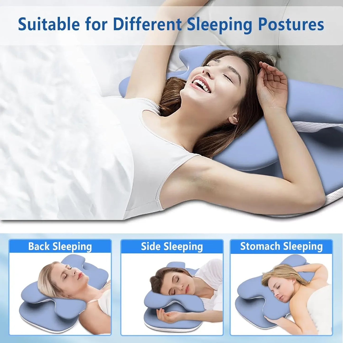 Woman lying on a blue pillow with text indicating suitability for different sleeping postures.