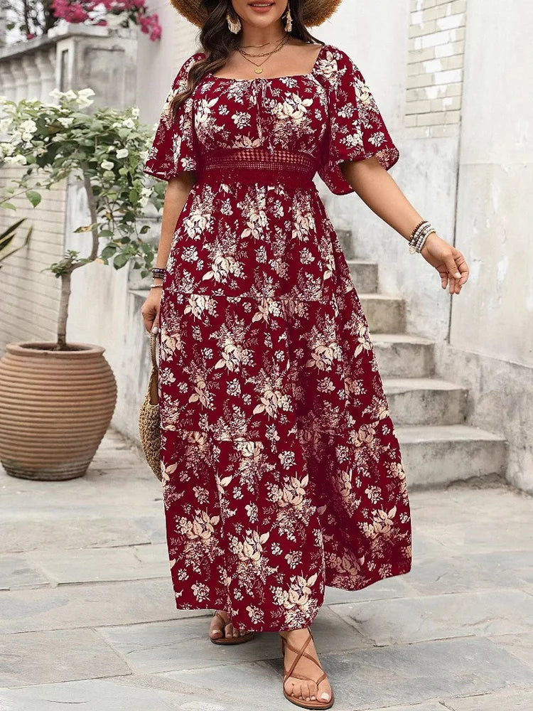 Plus Size Boho Floral Maxi Dress – Elegant Square Neck | Knot Front