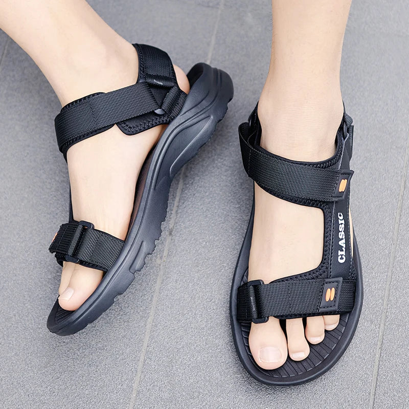 Men’s Summer Outdoor Sandals – Classic PU Beach Shoes with Hook & Loop Closure