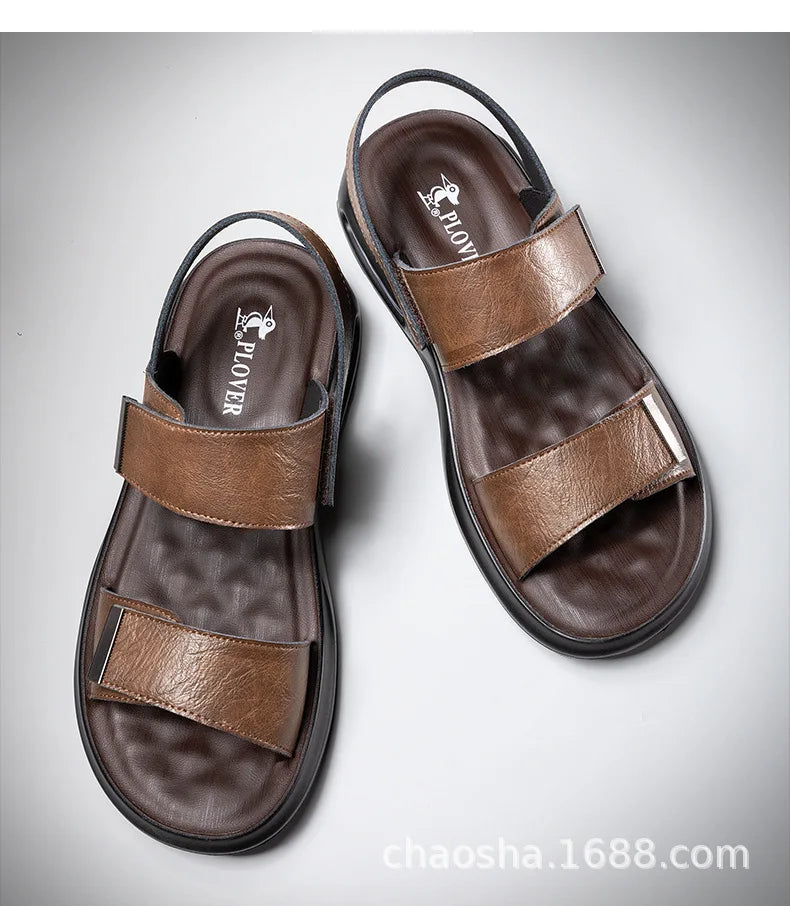 Men’s Summer Leather Sandals – Casual Beach Shoes with Hook & Loop Strap