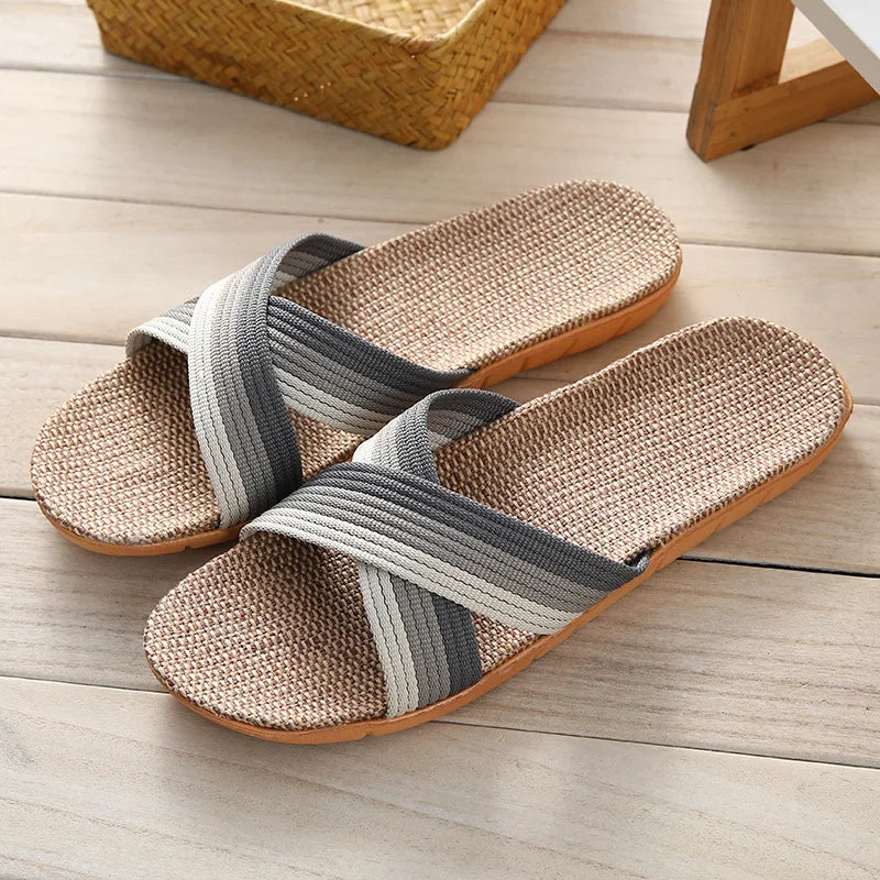 Summer Men’s Flax Slippers – Retro Cross-Strap Linen Indoor & Beach Slides