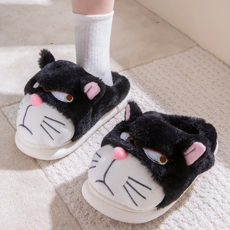 Women's Cat Plush Winter Slippers Indoor Furry House Shoes with Embroidered Face