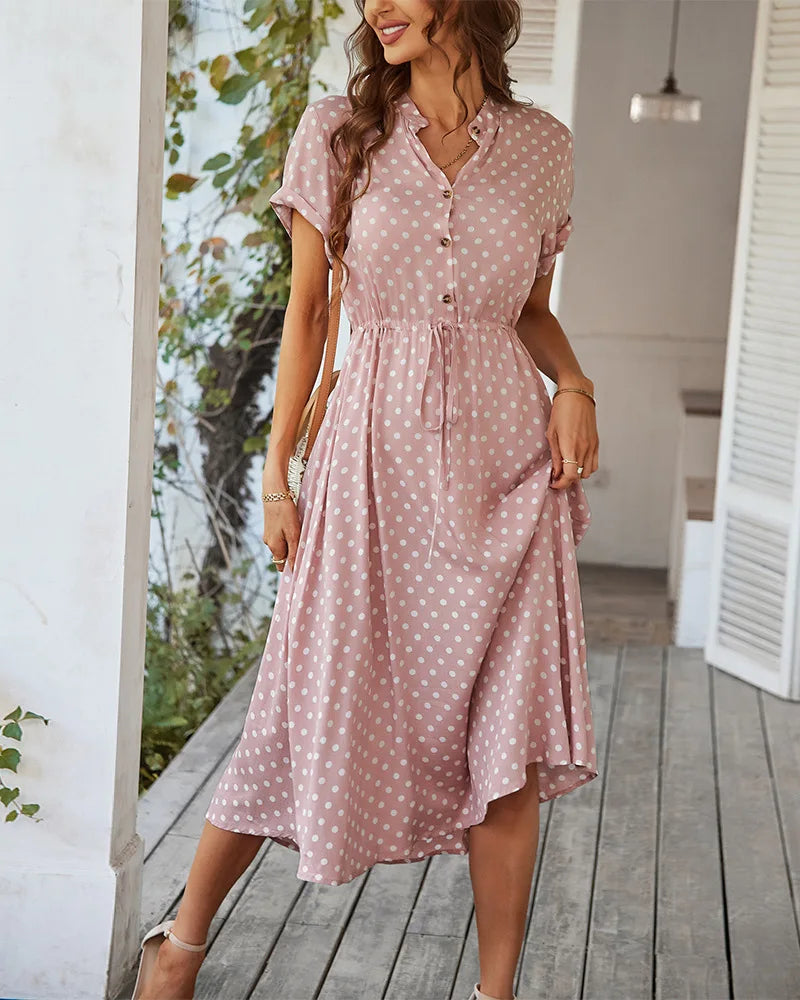 Ladies Polka Dot Print Shirt Dress – Casual Summer Midi Sundress