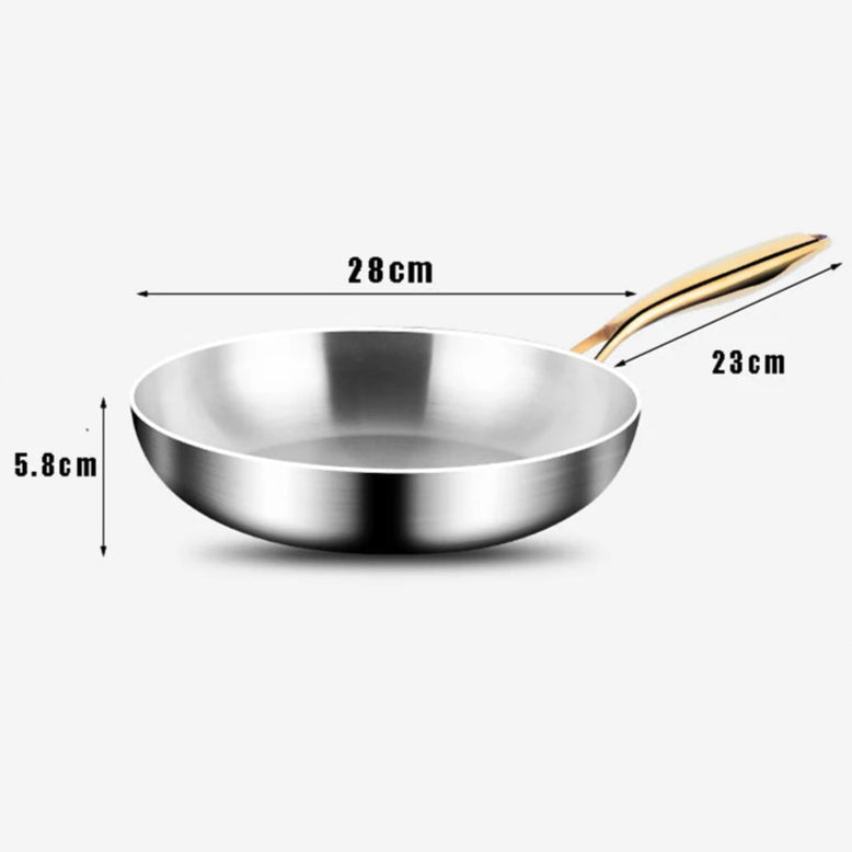 Stainless steel frying pan with dimensions labeled on a white background