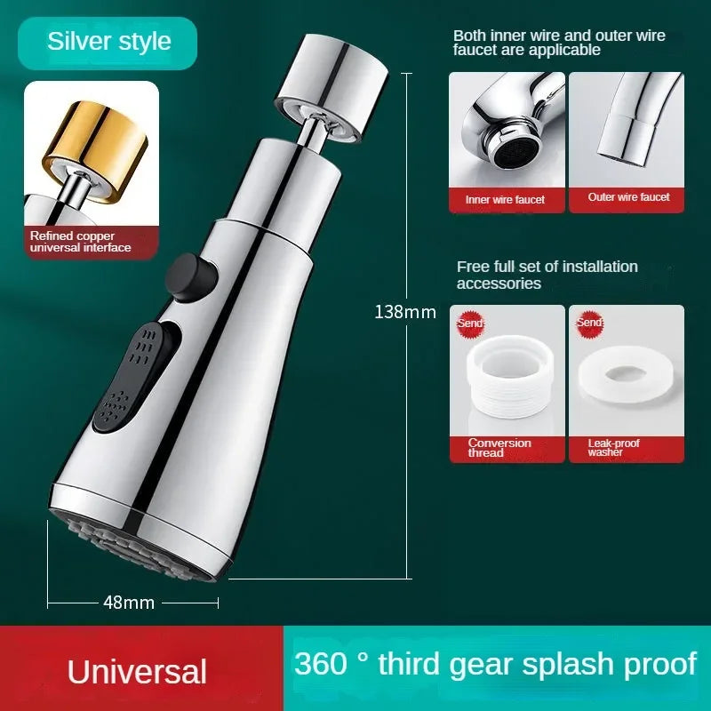 Anti-Splash 360° Rotating Kitchen Tap Attachment with 3 Water-Saving Modes