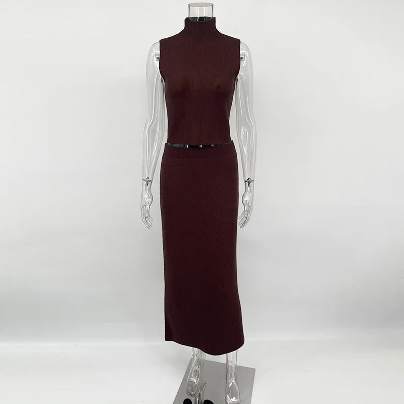 Elegant Knitted Two-Piece Set – Sleeveless Turtleneck Vest & High Waist Skirt