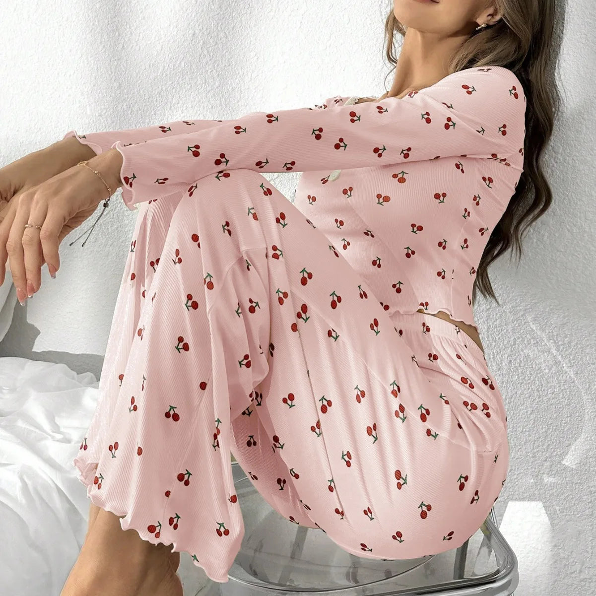 Sweet Cherry Print Sleepwear Set – Long Sleeve Milk Silk Comfort 2-Piece Pyjama Set